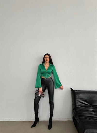 SATEN CROP BLUZ - Yeşil