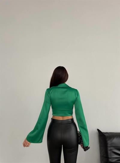 SATEN CROP BLUZ - Yeşil