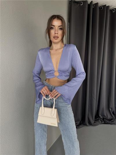 SATEN CROP TOKA DETAYLI BLUZ - Lila