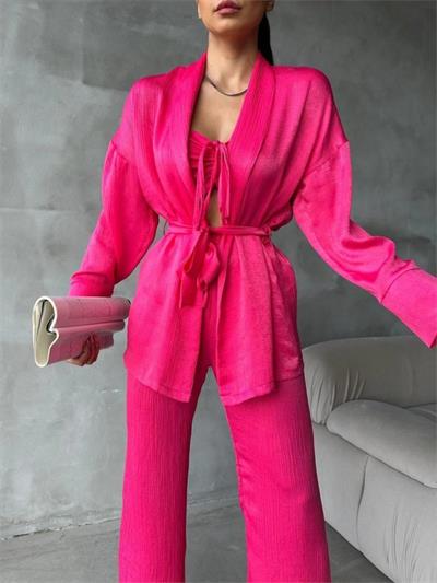 SATEN KİMONO - CROP BLUZ - PANTOLON TAKIM - Fuşya