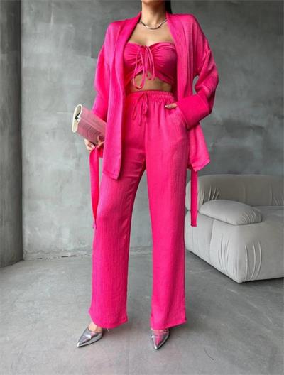SATEN KİMONO - CROP BLUZ - PANTOLON TAKIM - Fuşya