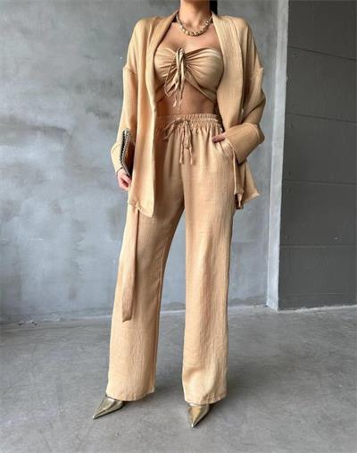 SATEN KİMONO - CROP BLUZ - PANTOLON TAKIM - Bej