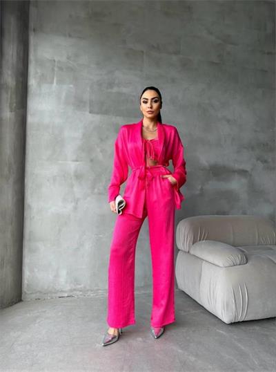 SATEN KİMONO - CROP BLUZ - PANTOLON TAKIM - Fuşya