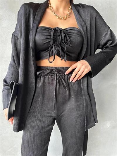 SATEN KİMONO - CROP BLUZ - PANTOLON TAKIM - Siyah