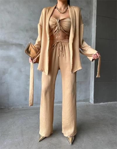 SATEN KİMONO - CROP BLUZ - PANTOLON TAKIM - Bej