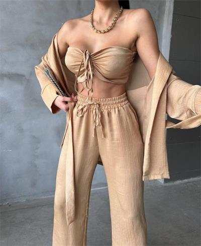 SATEN KİMONO - CROP BLUZ - PANTOLON TAKIM - Bej