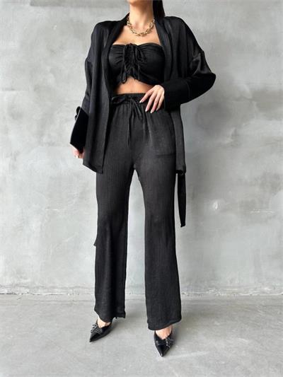SATEN KİMONO - CROP BLUZ - PANTOLON TAKIM - Siyah