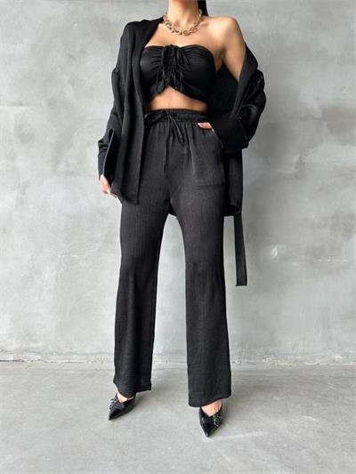 SATEN KİMONO - CROP BLUZ - PANTOLON TAKIM - Siyah
