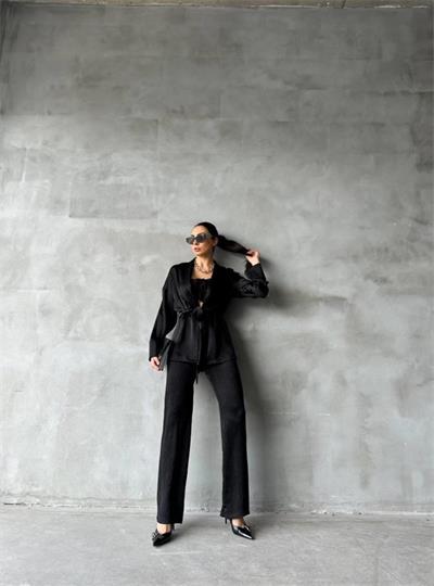 SATEN KİMONO - CROP BLUZ - PANTOLON TAKIM - Siyah