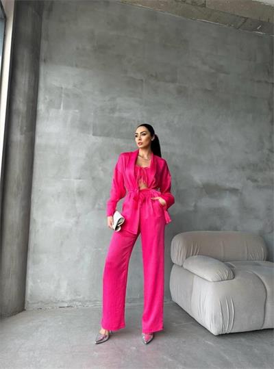 SATEN KİMONO - CROP BLUZ - PANTOLON TAKIM - Fuşya