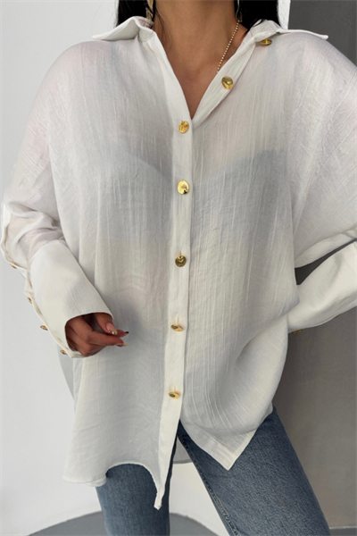 SATEN KRINKILL GÖMLEK MANŞET METAL DÜĞME SIRALI - Ekru