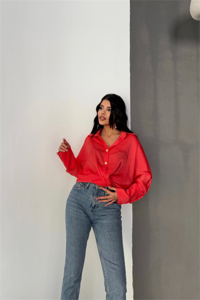 SATEN KRINKILL GÖMLEK MANŞET METAL DÜĞME SIRALI - Nar