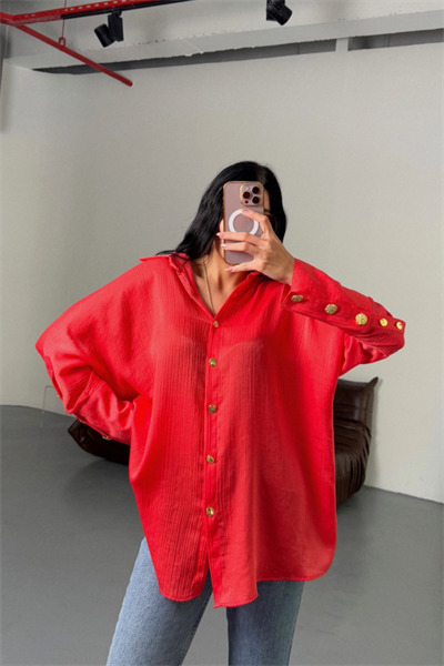 SATEN KRINKILL GÖMLEK MANŞET METAL DÜĞME SIRALI - Nar