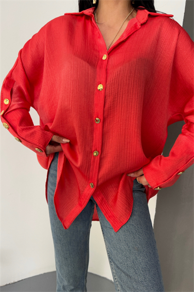 SATEN KRINKILL GÖMLEK MANŞET METAL DÜĞME SIRALI - Nar