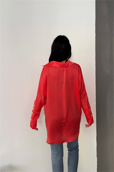 SATEN KRINKILL GÖMLEK MANŞET METAL DÜĞME SIRALI - Nar