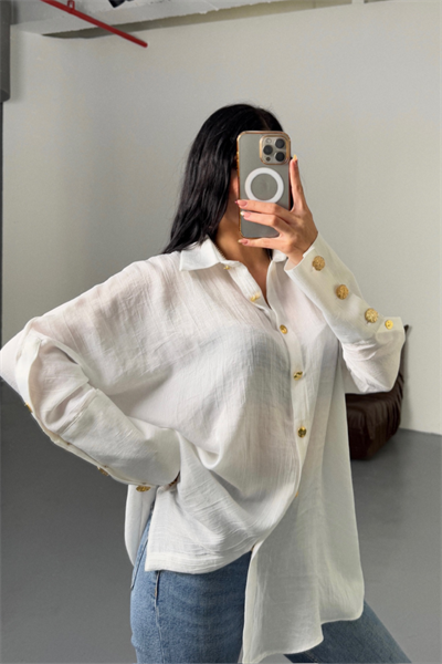 SATEN KRINKILL GÖMLEK MANŞET METAL DÜĞME SIRALI - Ekru
