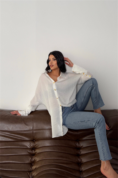 SATEN KRINKILL GÖMLEK MANŞET METAL DÜĞME SIRALI - Ekru