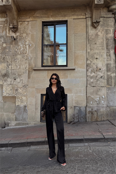 SATEN KRUVAZE BAĞLAMALI BLUZ- PANTOLON TAKIM - Siyah