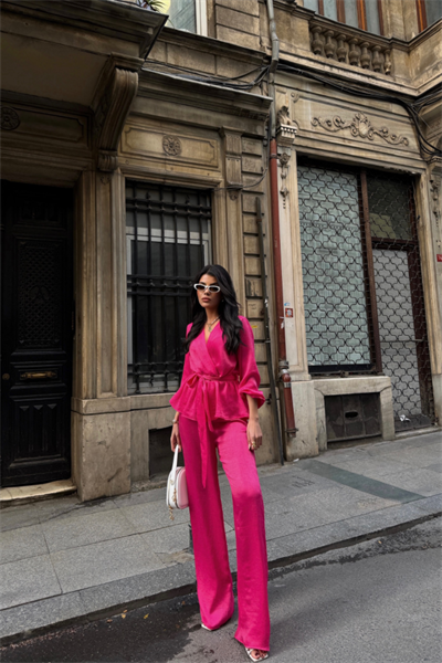 SATEN KRUVAZE BAĞLAMALI BLUZ- PANTOLON TAKIM - Fuşya