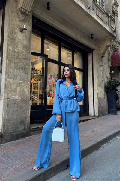 SATEN KRUVAZE BAĞLAMALI BLUZ- PANTOLON TAKIM - Mavi