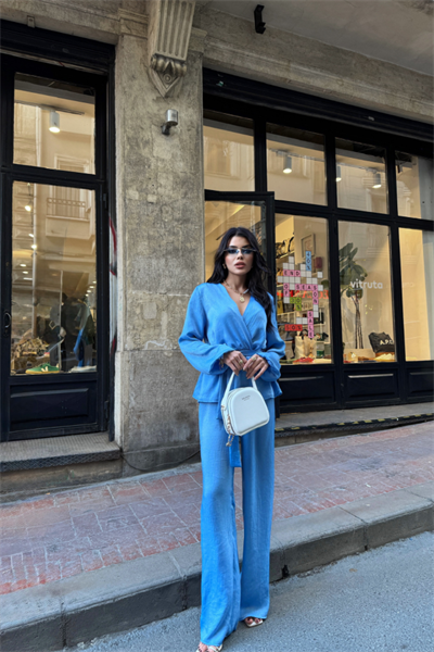 SATEN KRUVAZE BAĞLAMALI BLUZ- PANTOLON TAKIM - Mavi