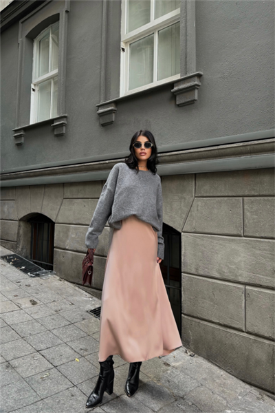 SATEN ŞANEL BOY ETEK - Bej