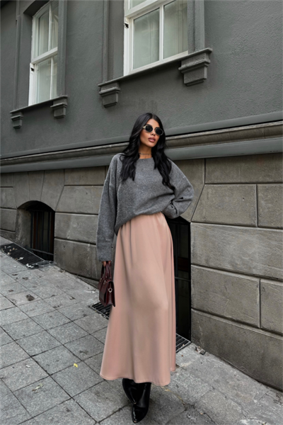 SATEN ŞANEL BOY ETEK - Bej