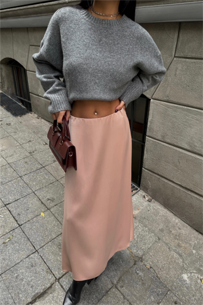 SATEN ŞANEL BOY ETEK - Bej