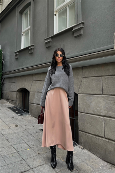 SATEN ŞANEL BOY ETEK - Bej