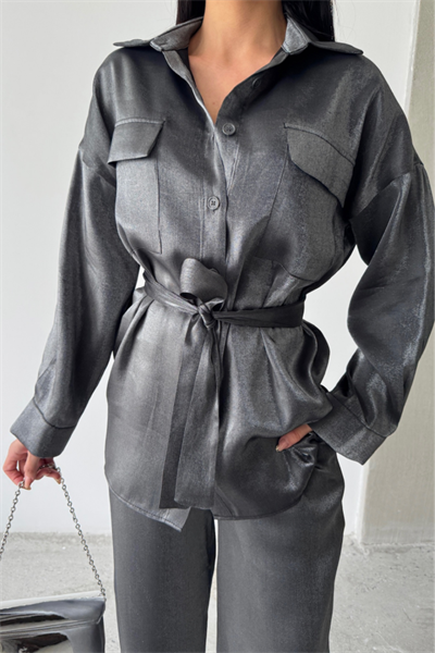 SİMLİ KUMAŞ SALAŞ PANTOLON - GÖMLEK TAKIM - Siyah