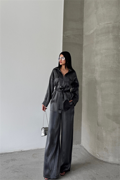 SİMLİ KUMAŞ SALAŞ PANTOLON - GÖMLEK TAKIM - Siyah