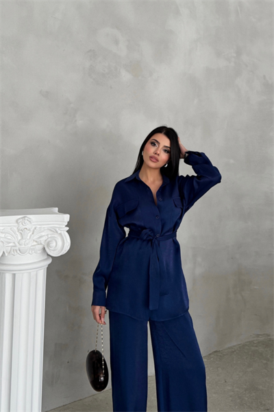 SİMLİ KUMAŞ SALAŞ PANTOLON - GÖMLEK TAKIM - Lacivert