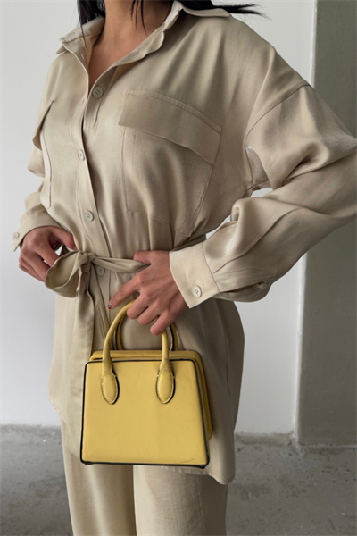 SİMLİ KUMAŞ SALAŞ PANTOLON - GÖMLEK TAKIM - Bej