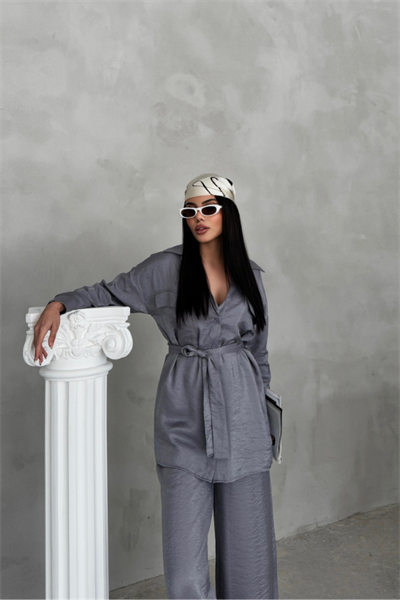 SİMLİ KUMAŞ SALAŞ PANTOLON - GÖMLEK TAKIM - Gri