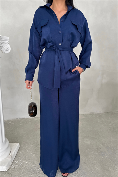 SİMLİ KUMAŞ SALAŞ PANTOLON - GÖMLEK TAKIM - Lacivert