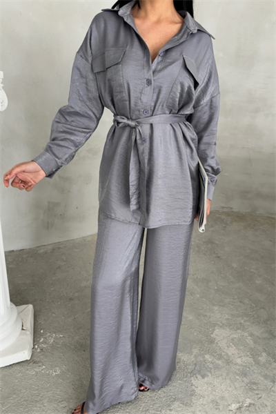 SİMLİ KUMAŞ SALAŞ PANTOLON - GÖMLEK TAKIM - Gri