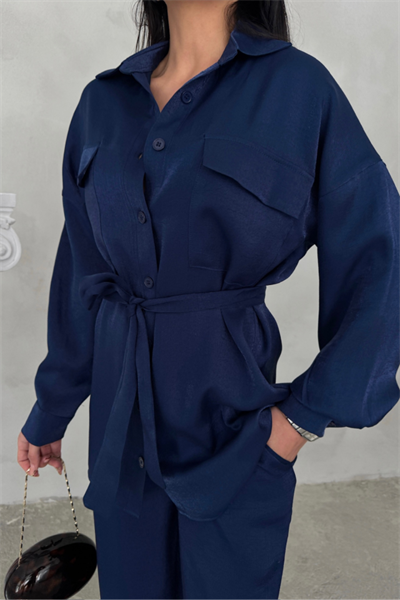 SİMLİ KUMAŞ SALAŞ PANTOLON - GÖMLEK TAKIM - Lacivert