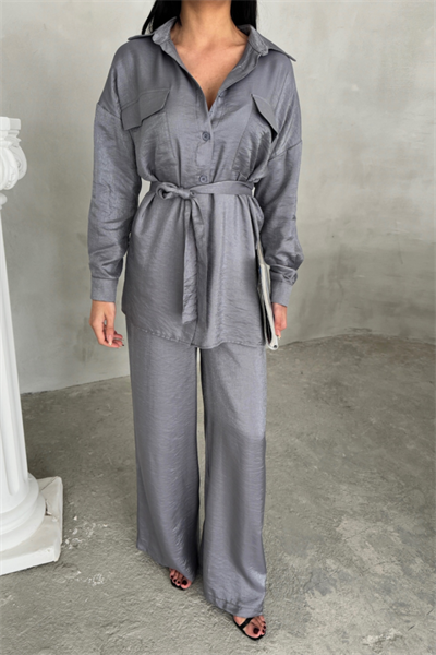 SİMLİ KUMAŞ SALAŞ PANTOLON - GÖMLEK TAKIM - Gri