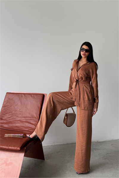 SİMLİ KUMAŞ SALAŞ PANTOLON - GÖMLEK TAKIM - Kahverengi
