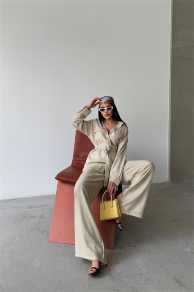 SİMLİ KUMAŞ SALAŞ PANTOLON - GÖMLEK TAKIM - Bej