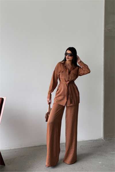 SİMLİ KUMAŞ SALAŞ PANTOLON - GÖMLEK TAKIM - Kahverengi