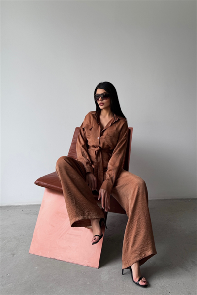 SİMLİ KUMAŞ SALAŞ PANTOLON - GÖMLEK TAKIM - Kahverengi