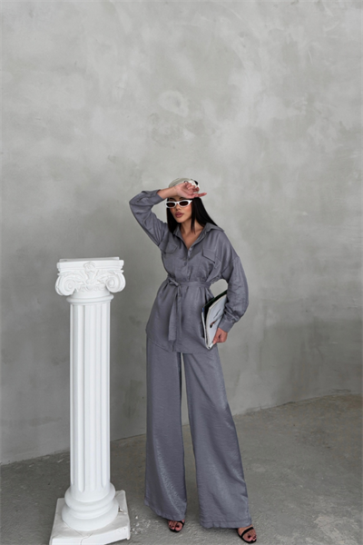 SİMLİ KUMAŞ SALAŞ PANTOLON - GÖMLEK TAKIM - Gri