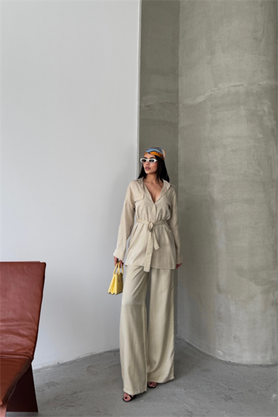 SİMLİ KUMAŞ SALAŞ PANTOLON - GÖMLEK TAKIM - Bej