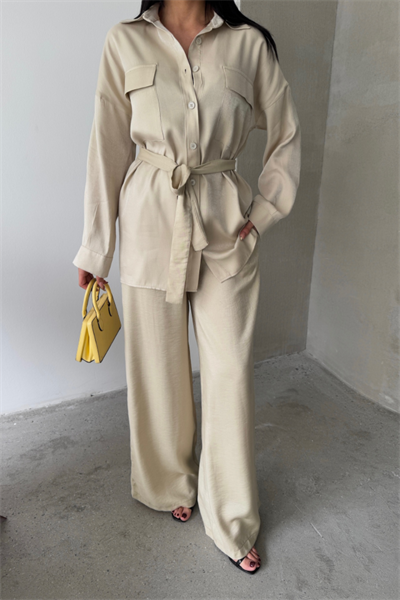 SİMLİ KUMAŞ SALAŞ PANTOLON - GÖMLEK TAKIM - Bej