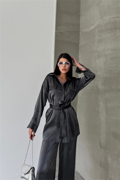 SİMLİ KUMAŞ SALAŞ PANTOLON - GÖMLEK TAKIM - Siyah