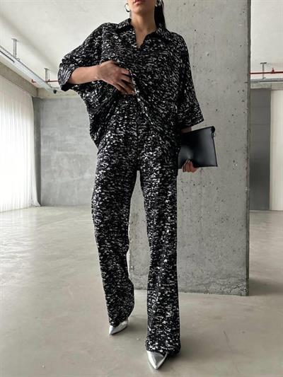 SİYAH ZEMİN VARAKLI BLUZ PANTOLON TAKIM - Gümüş