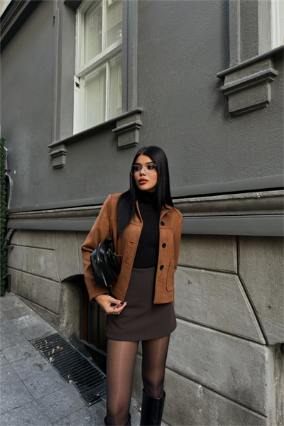 SÜET CROP CEKET CEP DETAYLI - Taba