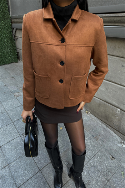 SÜET CROP CEKET CEP DETAYLI - Taba