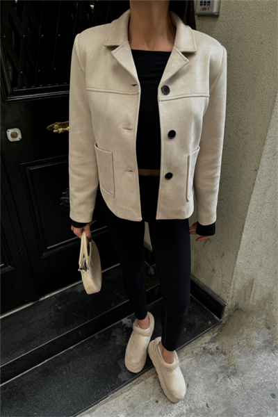 SÜET CROP CEKET CEP DETAYLI - Taş